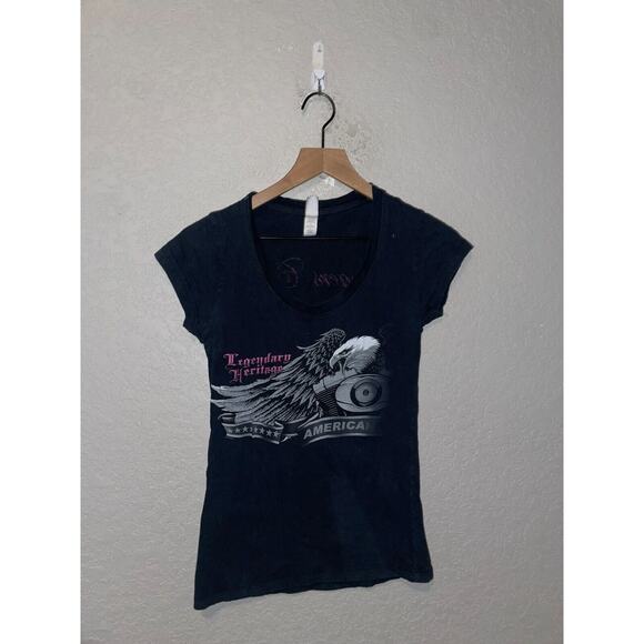 Womens Sangers Cycles Shirt Legendary Heritage American Black Top Tee 2010 M - Picture 1 of 10